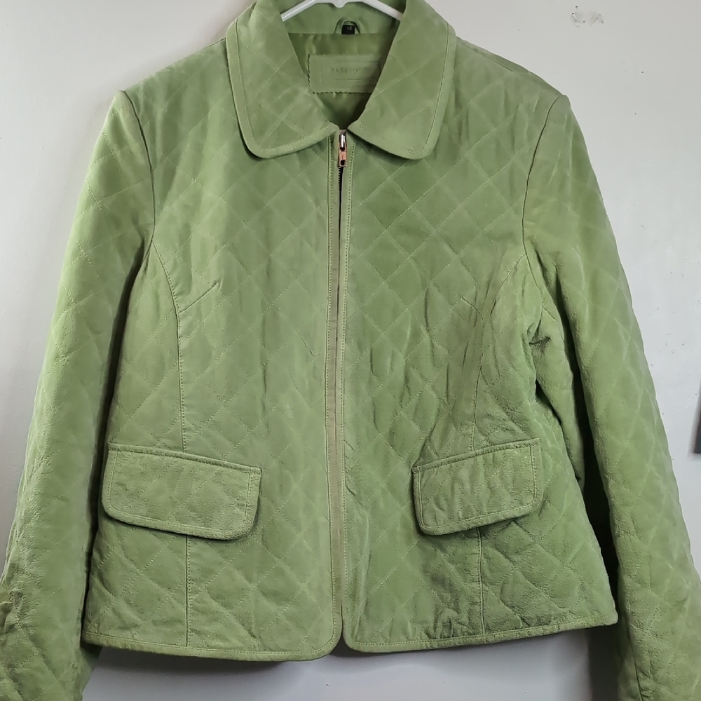 Vintage Women's Passports Lime Green Quilted Diamond Leather Suede Jacket 14